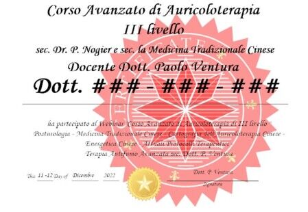 Diploma di III livello di Auricoloterapia.