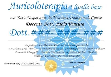 Diploma di I livello di Auricoloterapia.