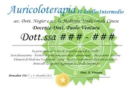l'Attestato che viene rilasciato a chi ha frequentato il secondo livello di Auricoloterapia con il corso dell Dott. Ventura.